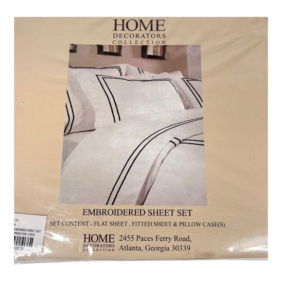 Home Decorators Twin Sheet Set Pillow Case Brown Embroidery White Cotton Bedding - Picture 3 of 7